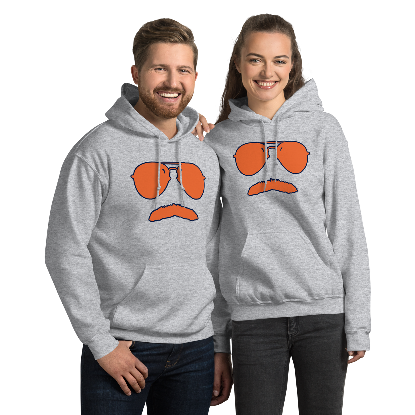 Swerski Stache and Shades Logo Unisex Hoodie - New Grey with Orange/Navy Logo