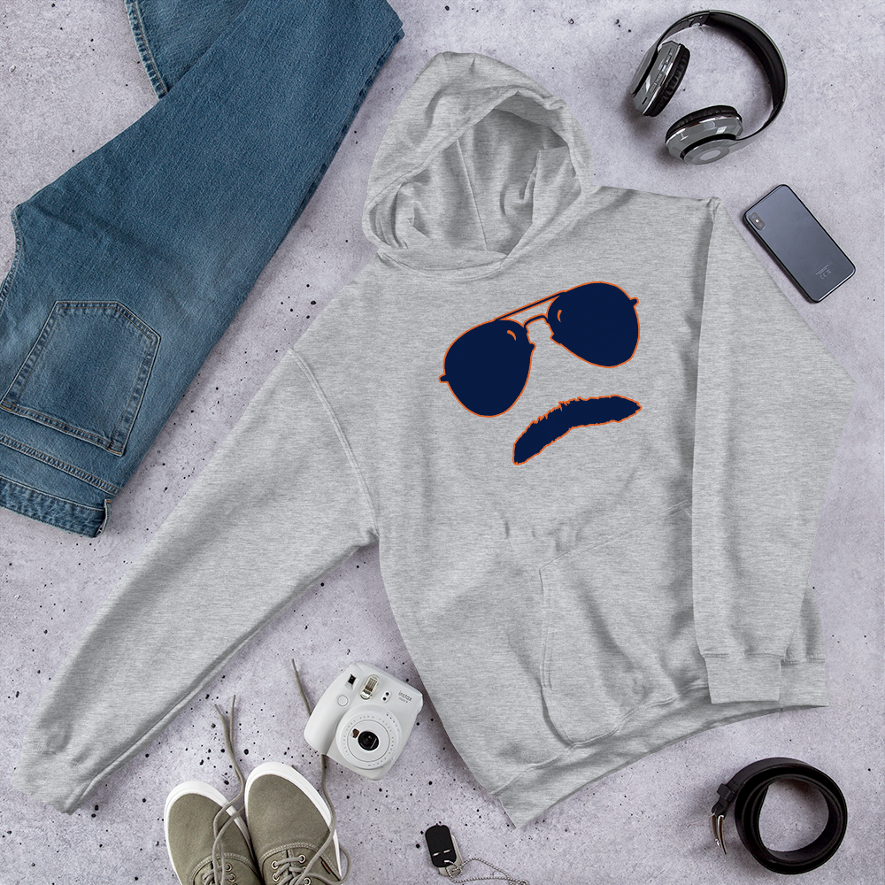 Swerski Stache and Shades Logo Unisex Hoodie - New Grey with Navy/Orange Logo
