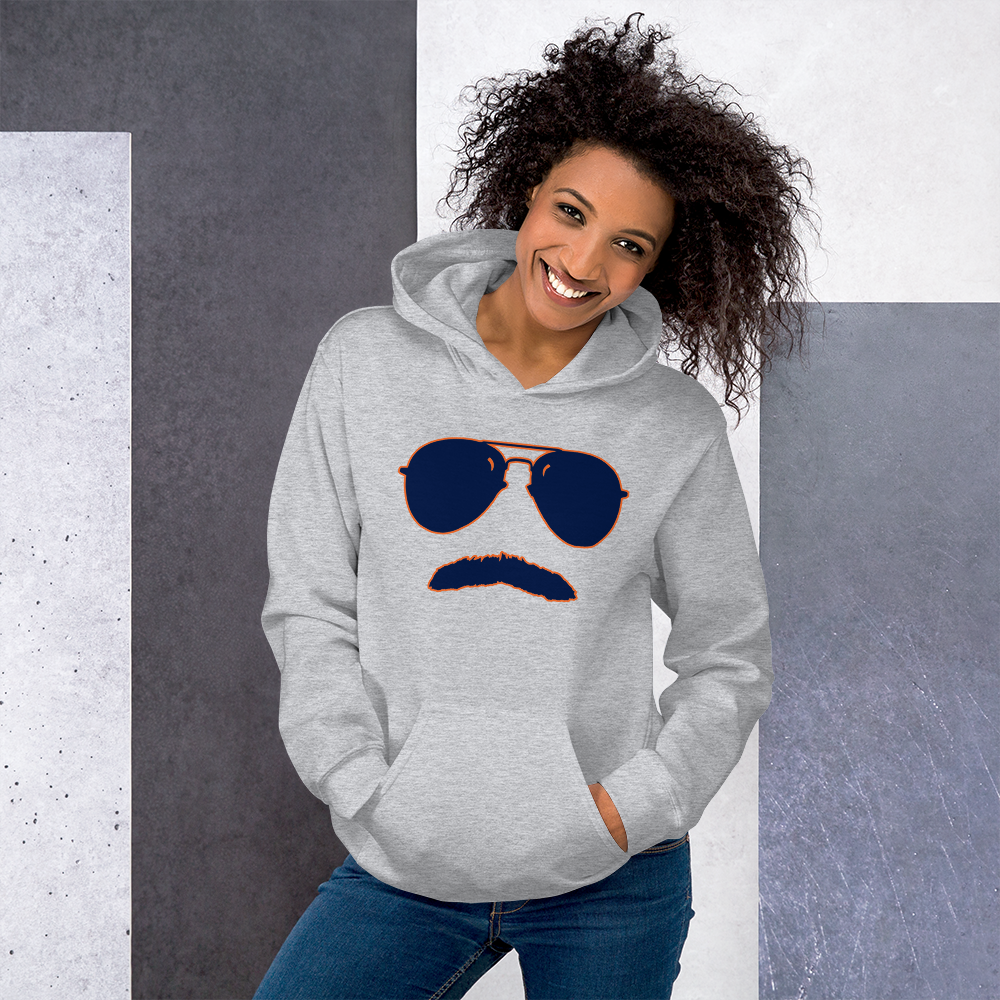 Swerski Stache and Shades Logo Unisex Hoodie - New Grey with Navy/Orange Logo