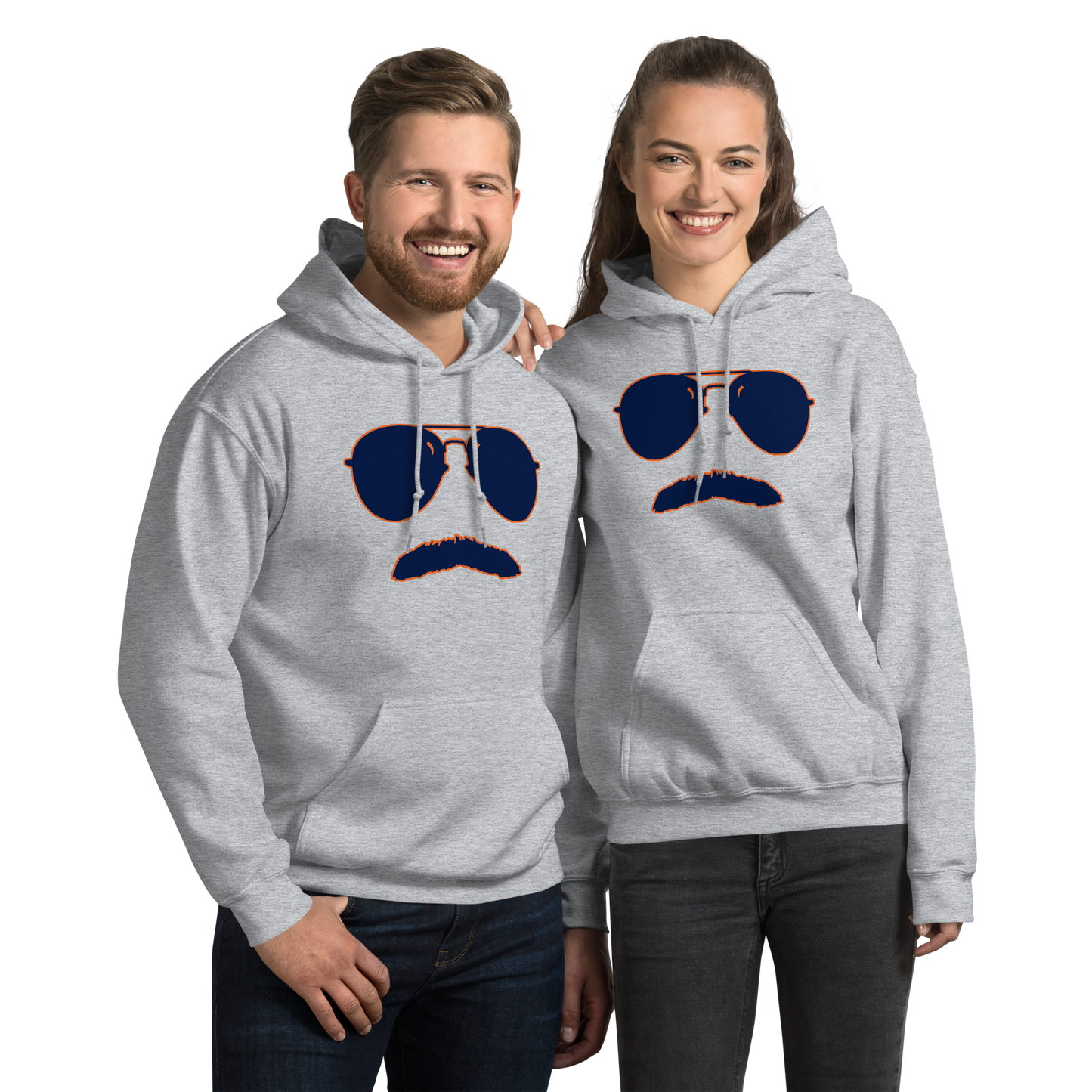 Swerski Stache and Shades Logo Unisex Hoodie - New Grey with Navy/Orange Logo