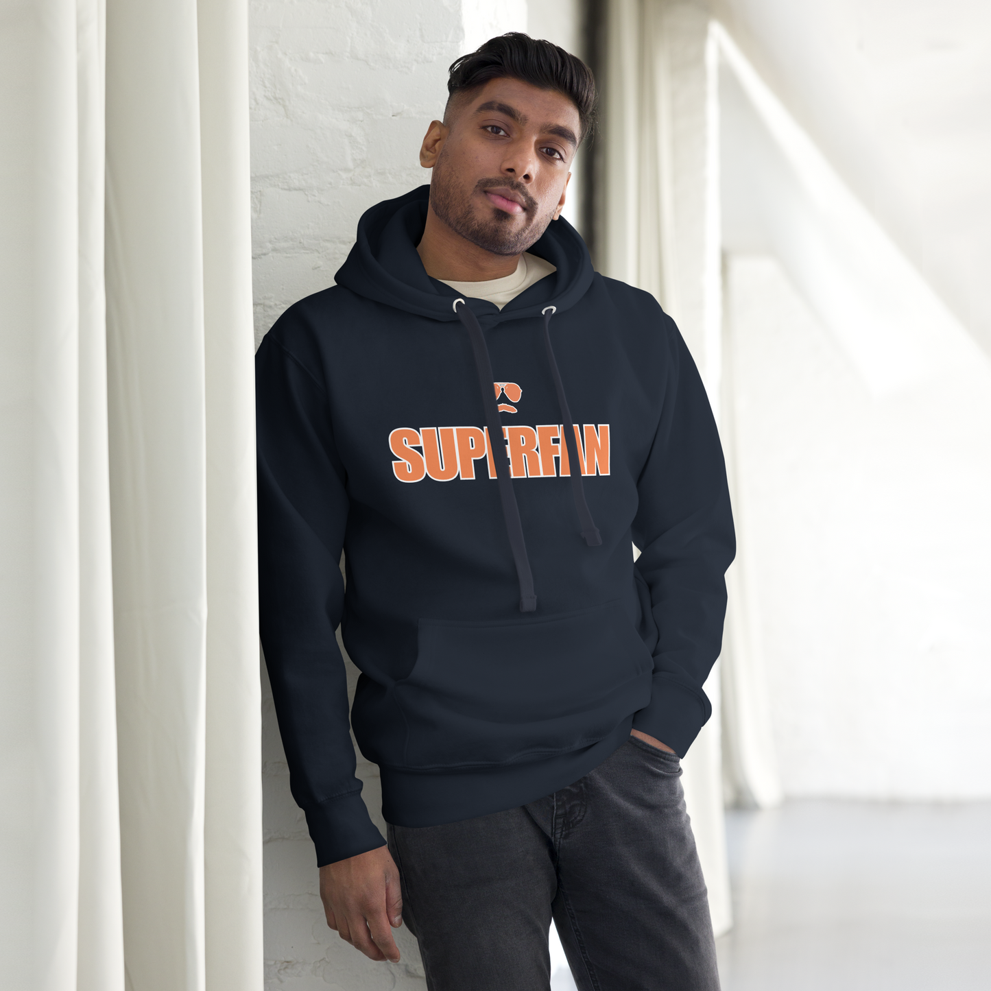 Swerski Superfan Unisex Hoodie - Navy with Orange/White design